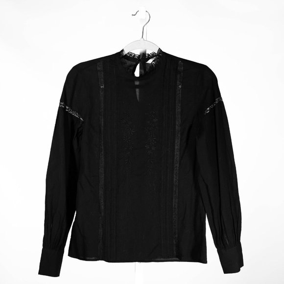 H&M Women's Blouse Black Embroidered Floral Sheer Lace Long Sleeve Shirt Top 4 - Picture 1 of 12
